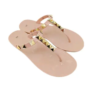 Sandalias deslizantes clásicas con remaches para mujer, chanclas planas con correa en T de PVC para chicas, zapatos de gelatina