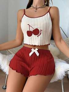 I-0625 Pyjama brodé de style européen et américain pour femmes, ensemble de débardeur à bretelles et short en velours, imprimé cerises, ensemble de pyjama d'été - Product Image 5