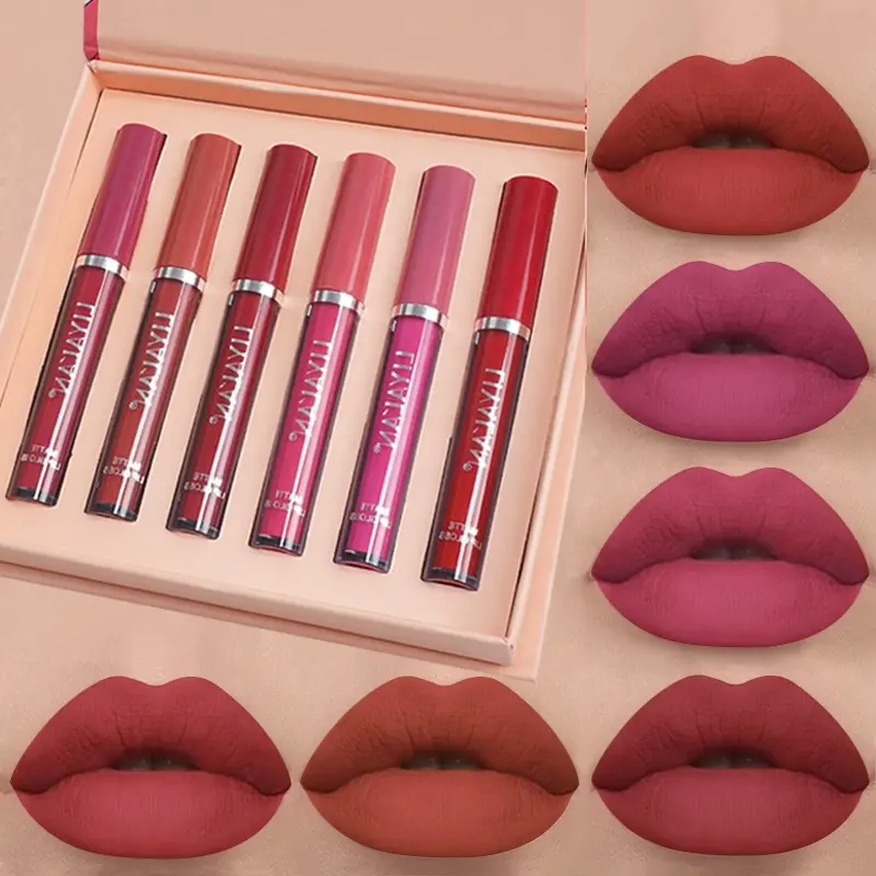 6 Colors Makeup Lip Gloss Nude Vegan Waterproof Lip Stick Matte Liquid Lipstick Set