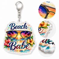 Porte-clés personnalisé en acrylique – Charme de sac de plage « Beach Babe » Coucher de soleil tropical – Cadeau personnalisé – Accessoire de vacances transparent – Vente en gros