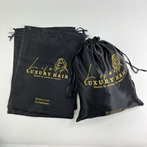Sacs à cordon en satin noir avec impression dorée personnalisée, sacs anti-poussière en satin de soie pour perruques, cosmétiques, bijoux, emballage cadeau, vente en gros - Product Image 5