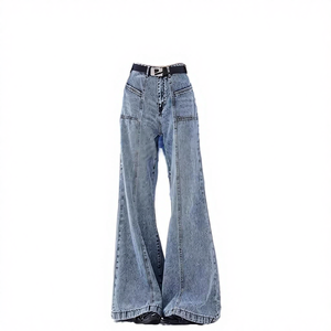 Vaqueros de mezclilla de cintura alta y pierna ancha para mujer, corte holgado, azul deslavado, pantalones casuales de longitud completa con cinturón, estilo otoñal - Product Image 4
