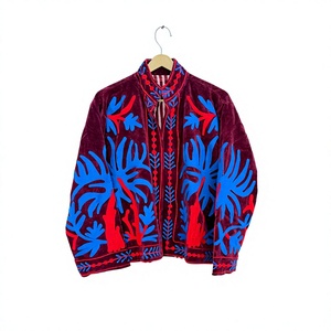 Embroidered Blazer <b>Women's</b> Mandarin Collar Full Sleeve Autumn <b>Velvet</b> Jacket Floral Embroidery Design - Product Image 1
