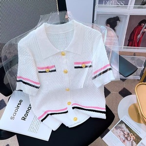 <span class=keywords><strong>Cardigan</strong></span> en tricot à manches courtes pour femme, col à revers, haut en tricot à rayures colorées - Product Image 3