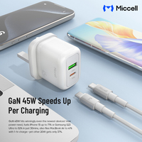 Penjualan Langsung Pabrik Miccell Grosir Adaptor Pengisi Daya Universal 45W GaN untuk Ponsel dengan USB C dan USB A untuk Laptop Smartphone.