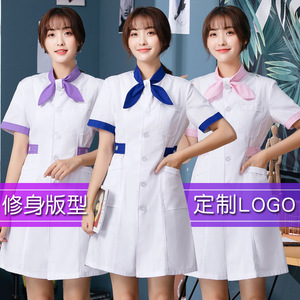 Uniforme de enfermera con cuello de lazo estilo coreano, bata blanca de manga corta para guía de prácticas de salón de belleza Smlxlxxlxxxl - Product Image 1