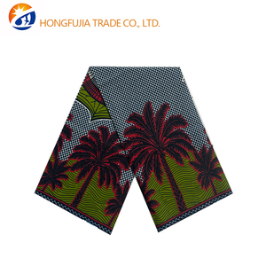 Tessuto 100% Cotone Africano Ankara Batik Rosso Giallo con Stampa Palma e Sole per Abiti e Turbanti, Organza Cardata Tessuta per Ragazze e Ragazzi - Product Image 1