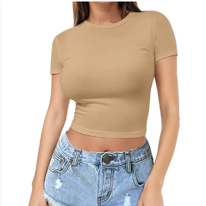 European American Summer Pullover Crop Top für Frauen Cross-Border Casual Milk Silk Kurzarm T-Shirt Thin <span class=keywords><strong>Neck</strong></span> Fashion Design - Product Image 5