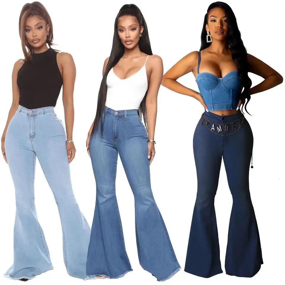 Jeans elegantes para mujer con cintura elástica dobladillo Acampanado y múltiples opciones de color