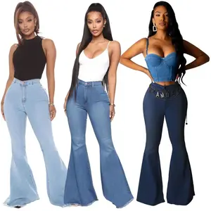 Jeans femininos elegantes com bainha larga de cintura elástica e várias opções de cores