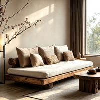 Canapé-lit en bois massif Wabi Sabi, canapé en tissu sans accoudoirs, canapé droit 3 places, mobilier sur mesure de style mid-century pour maison d'hôtes, salon