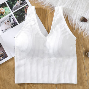 Women's One-Piece Wire-Free Bralette Solid Color Ribbed Tank Top Racerback Breathable Spandex/Nylon Seamless Underwear with Cup - Product Image 2