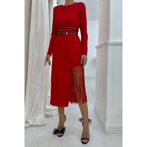 Robe de soirée rouge en satin à manches longues avec ceinture, taille naturelle, coupe confortable - Product Image 3