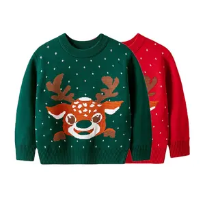 Suéter de punto personalizado para niños, jersey de cuello redondo de ciervo Jacquard, suéter para niños y niñas, suéter de Navidad para niños