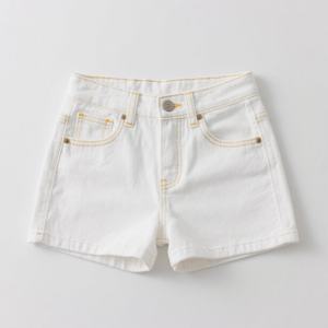 Women's Ivory Denim <b>Shorts</b> 5-Pocket High Waist | Yellow Topstitching & Rivets | Summer Casual <b>White</b> <b>Jeans</b> <b>Shorts</b> - Product Image 1