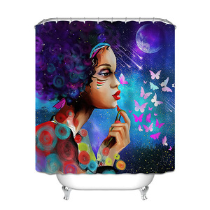 <span class=keywords><strong>Rideau</strong></span> <span class=keywords><strong>de</strong></span> <span class=keywords><strong>Douche</strong></span> Personnalisé 3D Amusant Dessin Animé Fille Afro-Américaine Imperméable avec 12 Crochets en Tissu - Product Image 2