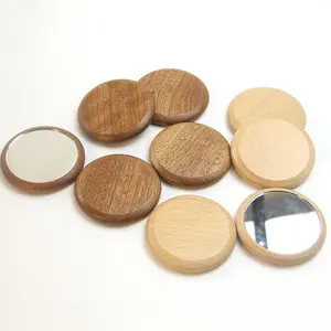 Benutzer definierte Logo Hand tragbare kosmetische Mini-Spiegel niedlichen kleinen runden Taschen spiegel Bulk Holz kleinen Schmink spiegel