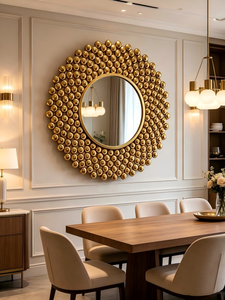 Miroir mural rond de luxe doré perlé, miroir décoratif artisanal à cadre sphérique pour entrée de villa, hôtel, décoration murale - Product Image 5