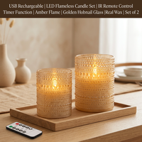 Bougie LED sans flamme rechargeable par USB, verre à motif gaufré, télécommande IR, fonction minuterie, flamme ambrée, décoration de festival