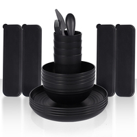Ensemble de vaisselle en plastique noir, assiette, bol, tasse, couteau, fourchette, cuillère, 28 pièces, ensemble cadeau