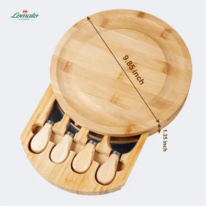 Planche à fromage et couteau en bambou rond naturel de qualité supérieure, fabricant en gros, conception gratuite personnalisée, ensemble pour les pique-niques de cuisine