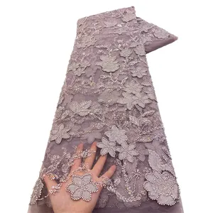NI.AI paillettes dentelle perlée mariage violet dentelle tissu luxe paillettes brodé 3D fleur dentelle tissus