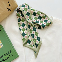Écharpe en satin à longs rubans à motif floral en forme de cœur à carreaux verts printemps-été, accessoires de mode pour femmes