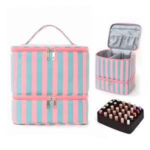 Organisateur de cosmétiques portable à grande capacité, multi-compartiments, à fermeture éclair, à 2 niveaux, rayé, en polyester, pour le voyage - Product Image 5