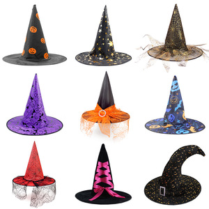 DAMAI Halloween Witch Hat with Pumpkin Print Black Pointed Wizard Hat for Party Decorations for Halloween Festival Caps - Product Image 1