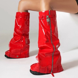 Bottes hautes pour femme, grande taille 48, à bout rond, en cuir verni brillant, style 'Shark' avec fermoir, style cowgirl, à fermeture éclair, semelles épaisses - Product Image 5