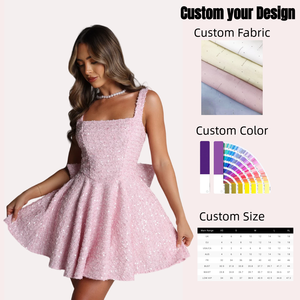 <span class=keywords><strong>Robe</strong></span> mini sans bretelles <span class=keywords><strong>rose</strong></span> scintillante avec détails en sequins, motif uni, <span class=keywords><strong>robe</strong></span> de soirée tissée pour femmes, détail nœud papillon au dos - Product Image 1
