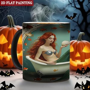 Taza de Cerámica Negra Esmerilada de 11 oz, Taza Sensible al Calor con Diseño de Sirena, Pintura Plana 2D - Product Image 6