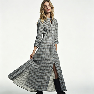 <span class=keywords><strong>Abito</strong></span> <span class=keywords><strong>Lungo</strong></span> da Donna in Chiffon Grigio a Quadri <span class=keywords><strong>con</strong></span> Bottoni e <span class=keywords><strong>Spacco</strong></span> Frontale, Vestito Estivo - Product Image 2