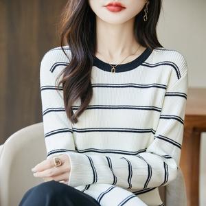 Pull en tricot rayé pour femme, manches longues, col rond, coupe ajustée, respirant, en coton, couche de base - Product Image 3