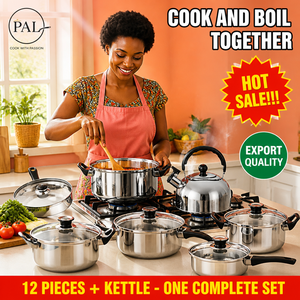 Juego de Utensilios de Cocina de Acero Inoxidable Ecológico Multifuncional PAL de 12 Piezas con Tapas de Vidrio, Incluye Olla para Sopa y Sartenes - Product Image 1
