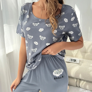 Set di pigiami a forma di <span class=keywords><strong>Koala</strong></span> con stampa completa manica corta e pantaloni in tinta unita Set di <span class=keywords><strong>pigiama</strong></span> da donna - Product Image 4