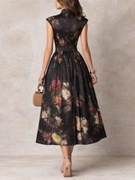 Robe midi en satin à imprimé floral noir, élégante, col haut, sans manches, plissée, robe de soirée formelle