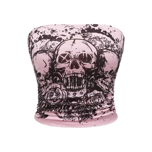 <b>Heat</b>-Transfer Printed Breathable Crocheted Jersey Short Heavy Drop Shoulder Strapless Bandeau T-Shirt - Product Image 1