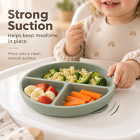 Assiette ronde en silicone pour bébé avec couvercle, trois compartiments pour les repas des tout-petits, logo personnalisé, vente en gros