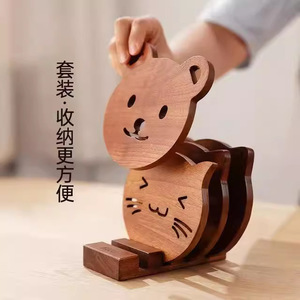 Juego de posavasos de madera con diseño de animales de dibujos animados, tapete redondo aislante del calor para tazas de té, ollas, cuencos y uso en la mesa - Product Image 3