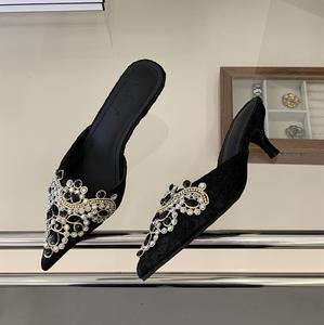 Elegantes Mules de Tacón Bajo con Encaje Rosa para Mujer, <span class=keywords><strong>Sandalias</strong></span> con Punta Puntiaguda y Cuentas de Cristal, Tacones Transpirables de Malla para Bodas y Fiestas - Product Image 2