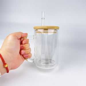 25PACKS 15oz 20oz Blank Sublimation <b>Double</b> <b>Wall</b> Snow Globe Glass <b>Mugs</b> with Bamboo Lid Straw for Iced Coffee Soda - Product Image 4