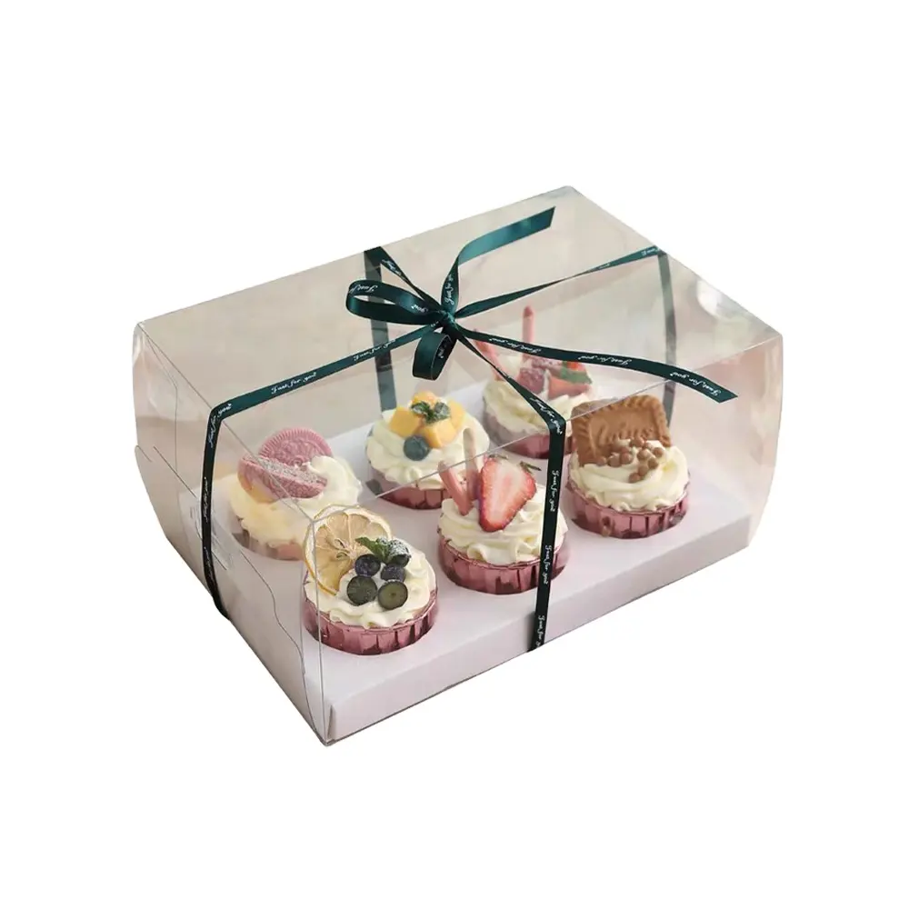 Grüner Band griff einfach herausnehmen 6 Tassen Cupcakes mit Muffin Cake Box transparentes klares Fenster