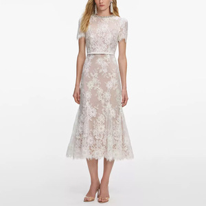 <b>White</b> Lace Mermaid Evening <b>Dress</b> Short Sleeve Mid Calf Fishtail Style Beaded Neck <b>Sheer</b> Layer Women Party <b>Dress</b> - Product Image 1