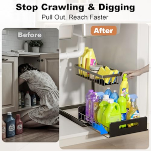 ชั้นวางของใต้ซิงค์แบบเลื่อนได้ 2 ชั้น US Kitchen Slide สำหรับจัดเก็บของในห้องน้ำและห้องครัว ทำจากโลหะ - Product Image 5