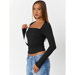 Top Corto de Manga Larga para Mujer, Cuello Cuadrado, Diseño Calado, Tejido de Punto, Spandex y Poliéster, para Hacer Ejercicio o Salir - Product Image 3
