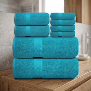 ORCHID <b>Teal</b> Organic Cotton Bath <b>Towel</b> Set Soft Plush Terry Cloth Solid Color Rectangle Home Adult 8 Pieces - Product Image 1