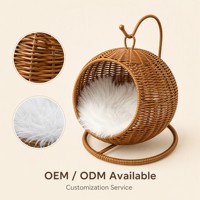 Lit pour chat en rotin naturel artisanal, nid sphérique pour animaux de compagnie avec coussin lavable, maison de luxe en rotin pour chats et petits chiens
