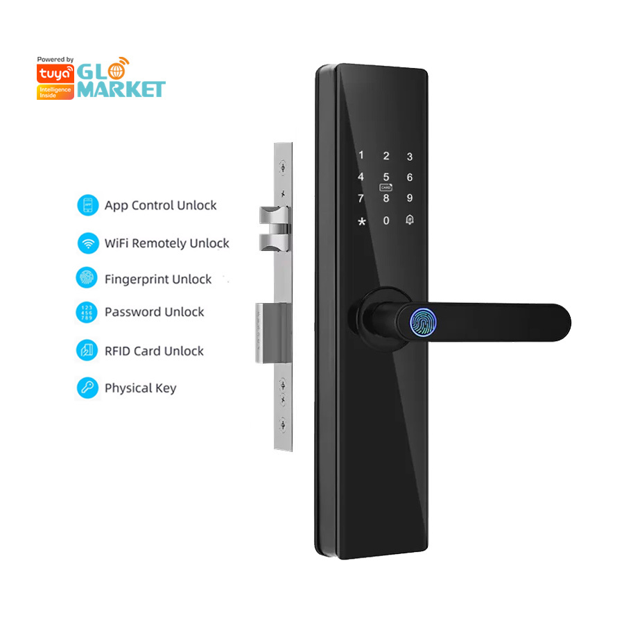 Glomarket Factory Price Home Security Digital Wifi Tuya App Smart Door Lock Aluminum Fingerprint Inside Handle Tuya Smart Lock