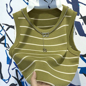 Mùa Hè Mới Dệt Kim <span class=keywords><strong>Tank</strong></span> Top Hot Bán Sexy Thoáng Khí Sọc Vest Vòng Cổ Không Tay Cắt Đan Hàng Đầu Cho Phụ Nữ - Product Image 2
